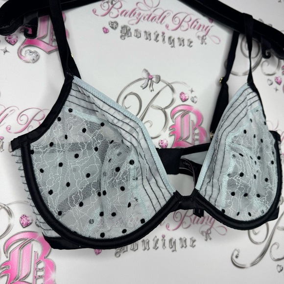 Victoria secret bra low cut Demi light blue black polka dot dotted mesh bustier - Picture 2 of 5